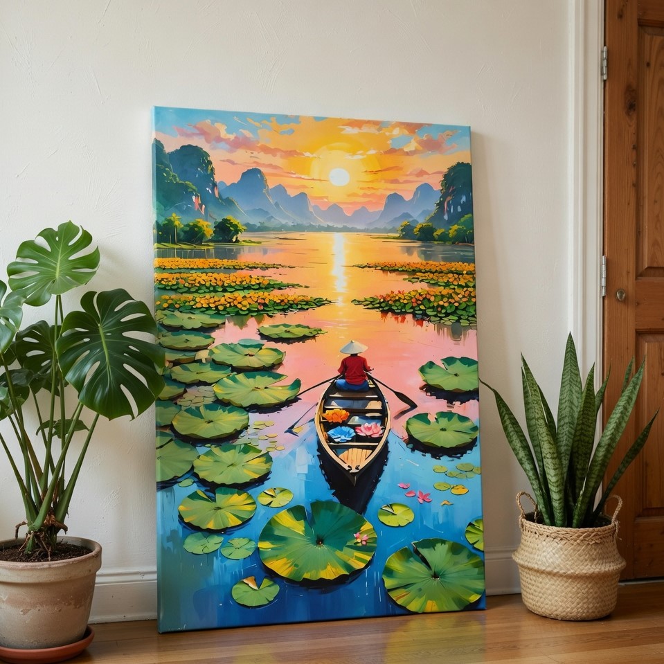 SAF Sunset Lake Boat Canvas Wall Painting | Lotus Pond Landscape Artwork HD Printed Canvas with Wooden Frame | Living Room Bedroom Aesthetic Nature Home Decor Gift