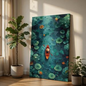 SAF Top View Boat Lotus Lake Canvas Wall Painting | Aesthetic Nature Water Artwork HD Printed Canvas with Wooden Frame | Living Room Bedroom Modern Home Decor Gift