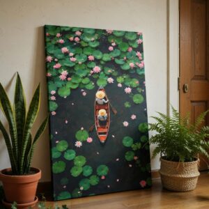 Lotus Lake Boat Canvas Wall Art Water Lily Top View Painting Decor