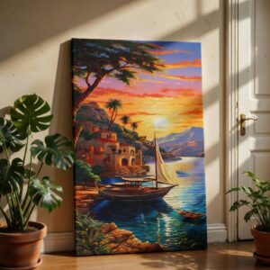 SAF Coastal Sunset Boat Canvas Wall Painting | Mediterranean Sea Landscape Artwork HD Printed Canvas with Wooden Frame | Living Room Bedroom Aesthetic Home Decor Gift