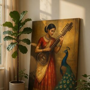 Indian Classical Veena Canvas Wall Art Woman Peacock Ethnic Painting