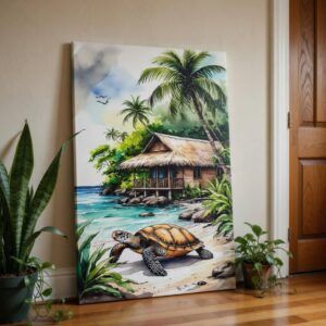 SAF Tropical Beach Turtle Canvas Wall Painting | Coastal Hut Sea Landscape Artwork HD Printed Canvas with Wooden Frame | Living Room Bedroom Aesthetic Home Decor Gift