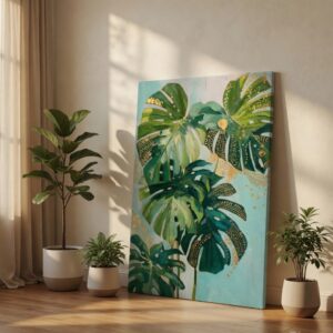 Textured Tropical Monstera Leaf Canvas Wall Art Print