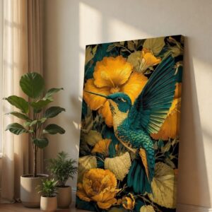 Hummingbird Floral Canvas Wall Art Yellow Flower Bird Painting