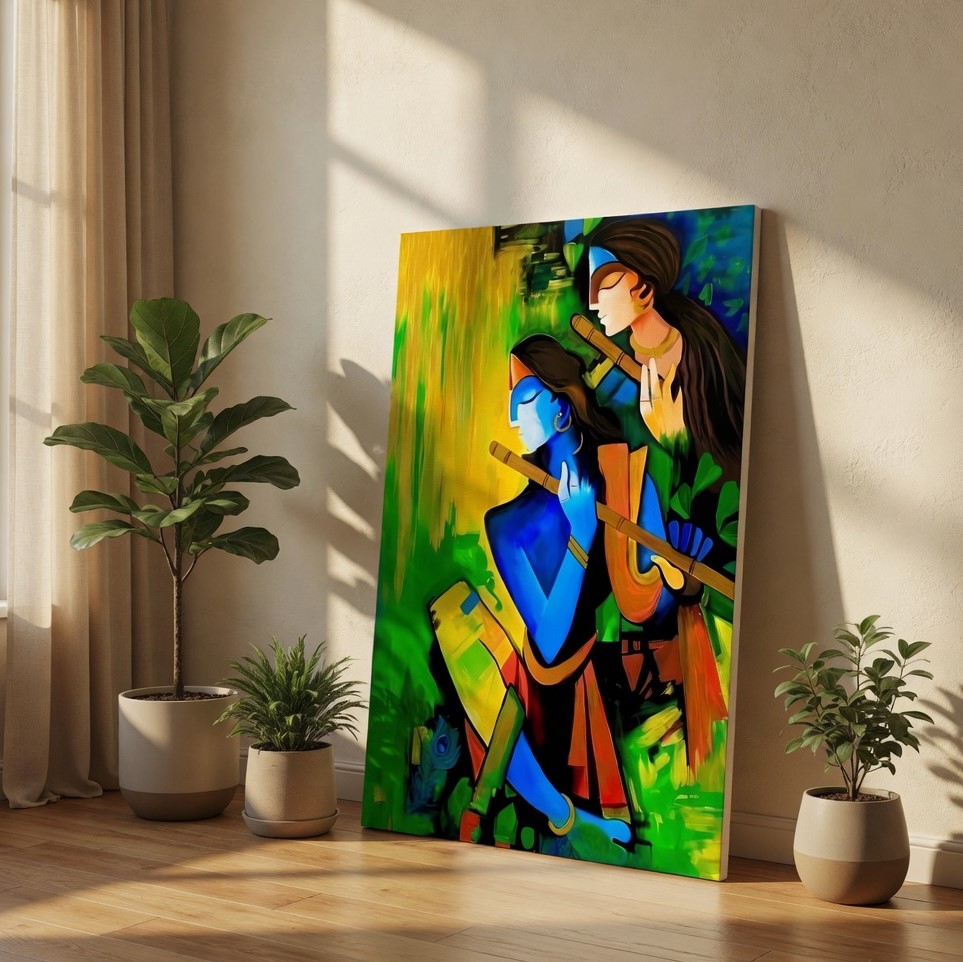 SAF Vibrant Abstract Radha Krishna Playing Flute Canvas Wall Art Modern Hindu Deity Painting Print for Living Room Bedroom Puja Room Home Decor Religious Wall Hanging Gift