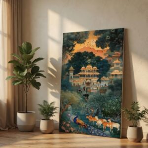 Traditional Pichwai Royal Palace & Peacock Canvas Wall Art Print