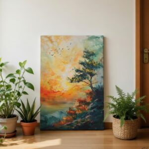 Abstract Sunset Mountain Tree Canvas Wall Art Nature Painting Print