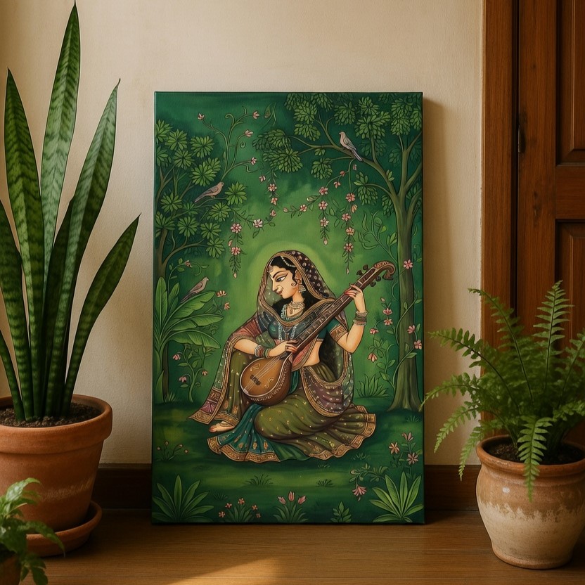 SAF Traditional Indian Musician Playing Veena Canvas Wall Art Rajasthani Style Painting Print Ethnic Home Decor for Living Room Bedroom Vintage Green Nature Poster