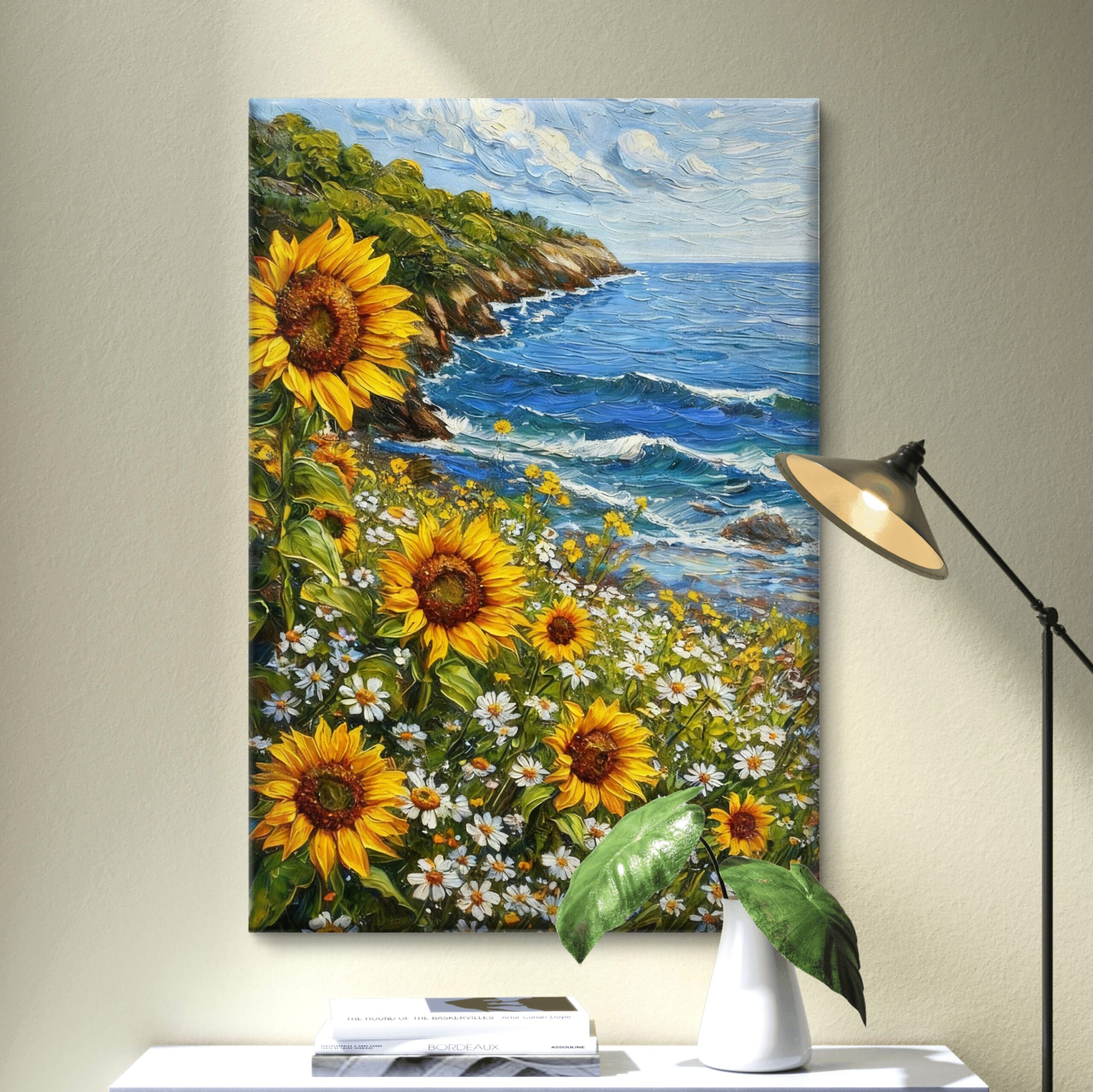 Sunflower & Ocean Coastal Landscape Textured Canvas Wall Art - Image 2