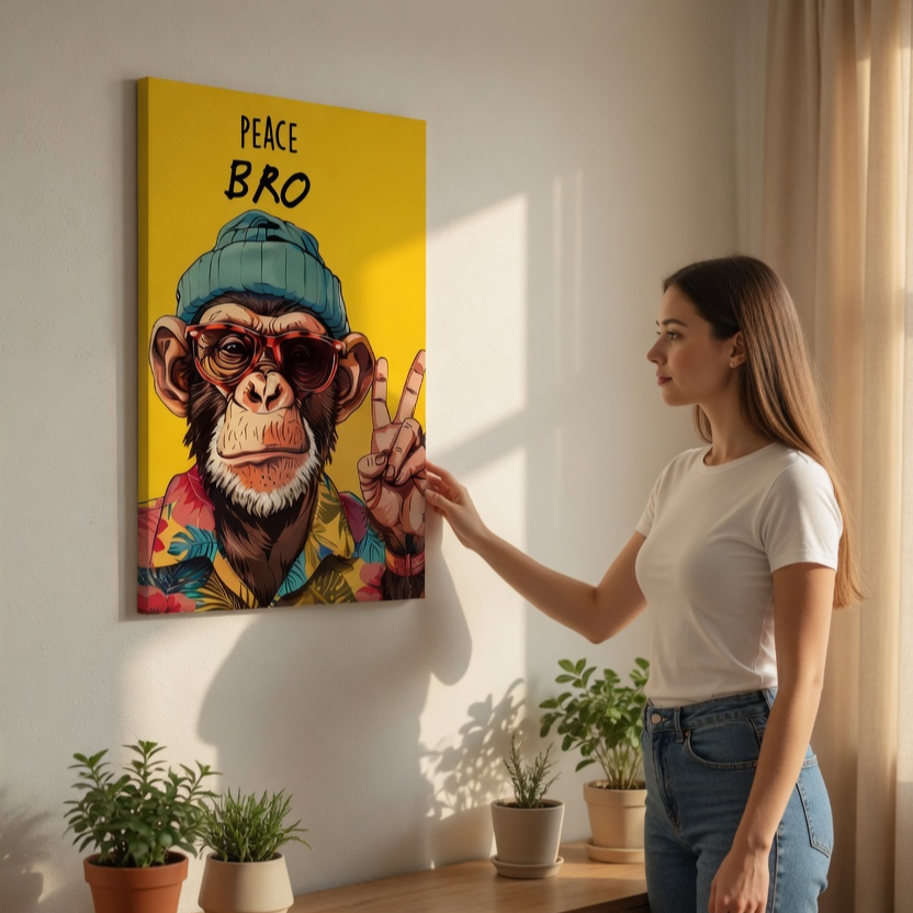 SAF Funny Monkey Peace Bro Canvas Wall Art Cool Chimp Pop Art Poster with Sunglasses Bright Yellow Quirky Urban Decor for Living Room Bedroom Boys Room Dorm Office - Image 2