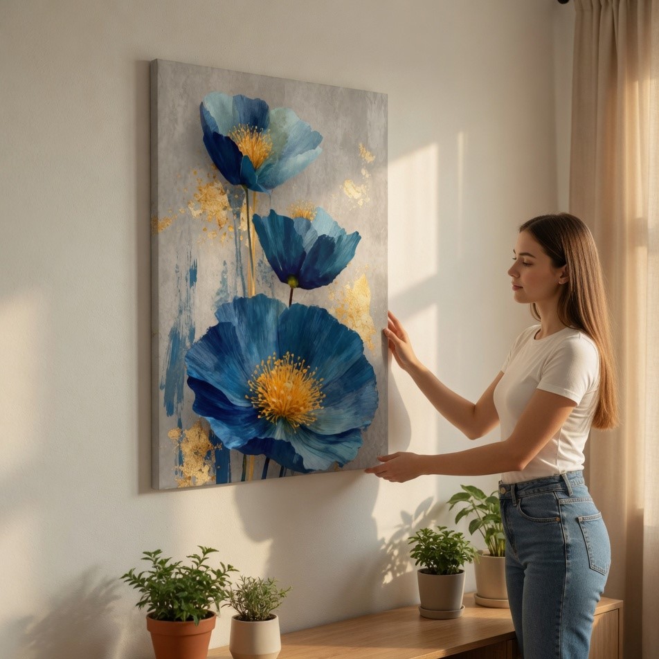 SAF Modern Blue Floral Canvas Wall Art Abstract Poppy Flower Painting Print with Gold Foil Accents Elegant Grey Botanical Decor for Living Room Bedroom Office Home Poster - Image 2