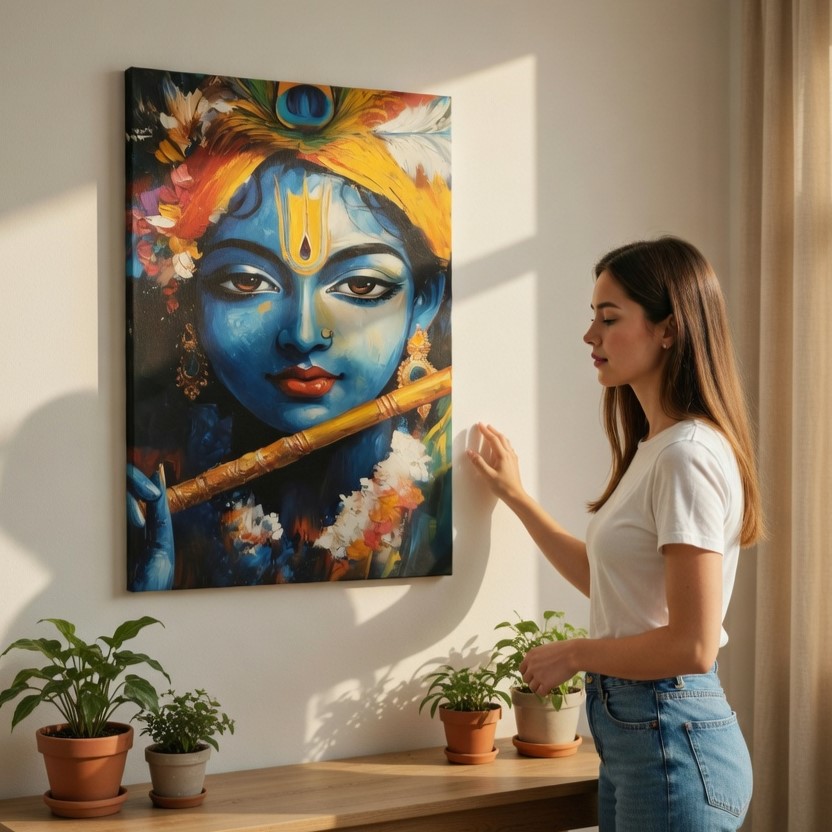 SAF Exquisite Lord Krishna Portrait Canvas Wall Art Playing Flute Abstract Oil Painting Print Modern Hindu Deity Religious Decor for Living Room Bedroom & Puja Room - Image 2