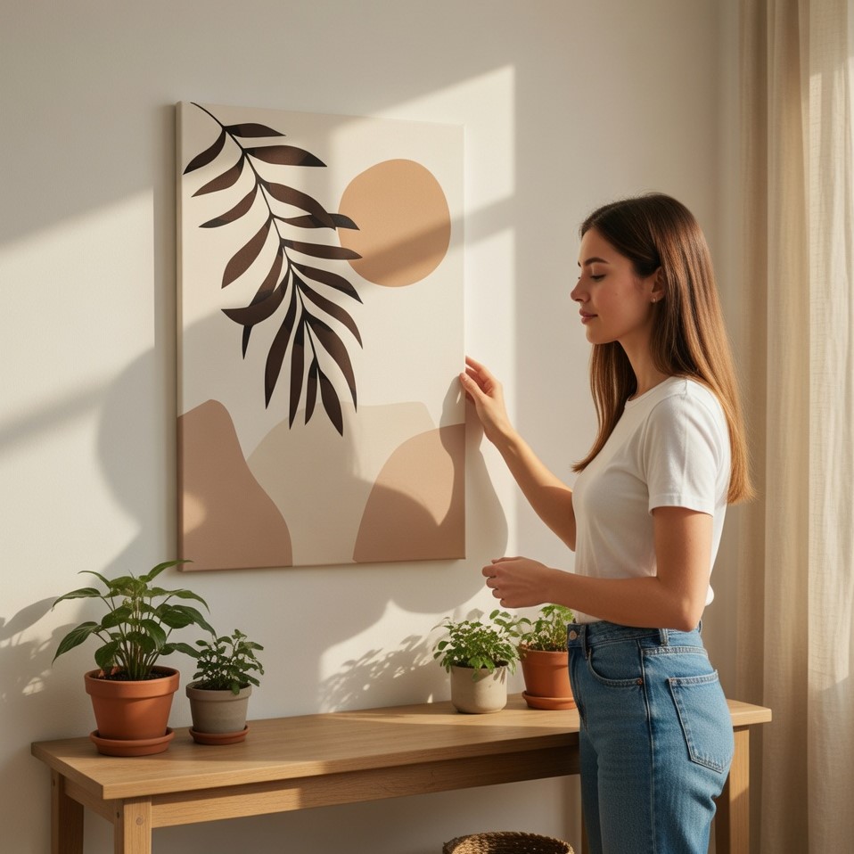 SAF Boho Minimalist Botanical Canvas Wall Art Abstract Sun & Palm Leaf Neutral Earth Tone Landscape Painting Print Mid Century Modern Decor for Living Room Bedroom Office - Image 2