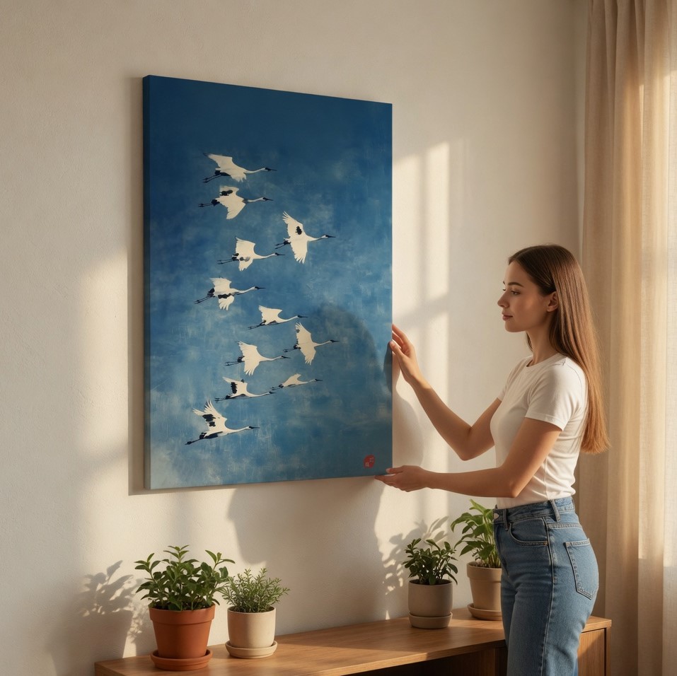 SAF Japanese Style Flying Cranes Canvas Wall Art Serene Blue Sky Bird Painting Print Traditional Zen Animal Poster Minimalist Decor for Living Room Bedroom Office Home Aesthetic - Image 2