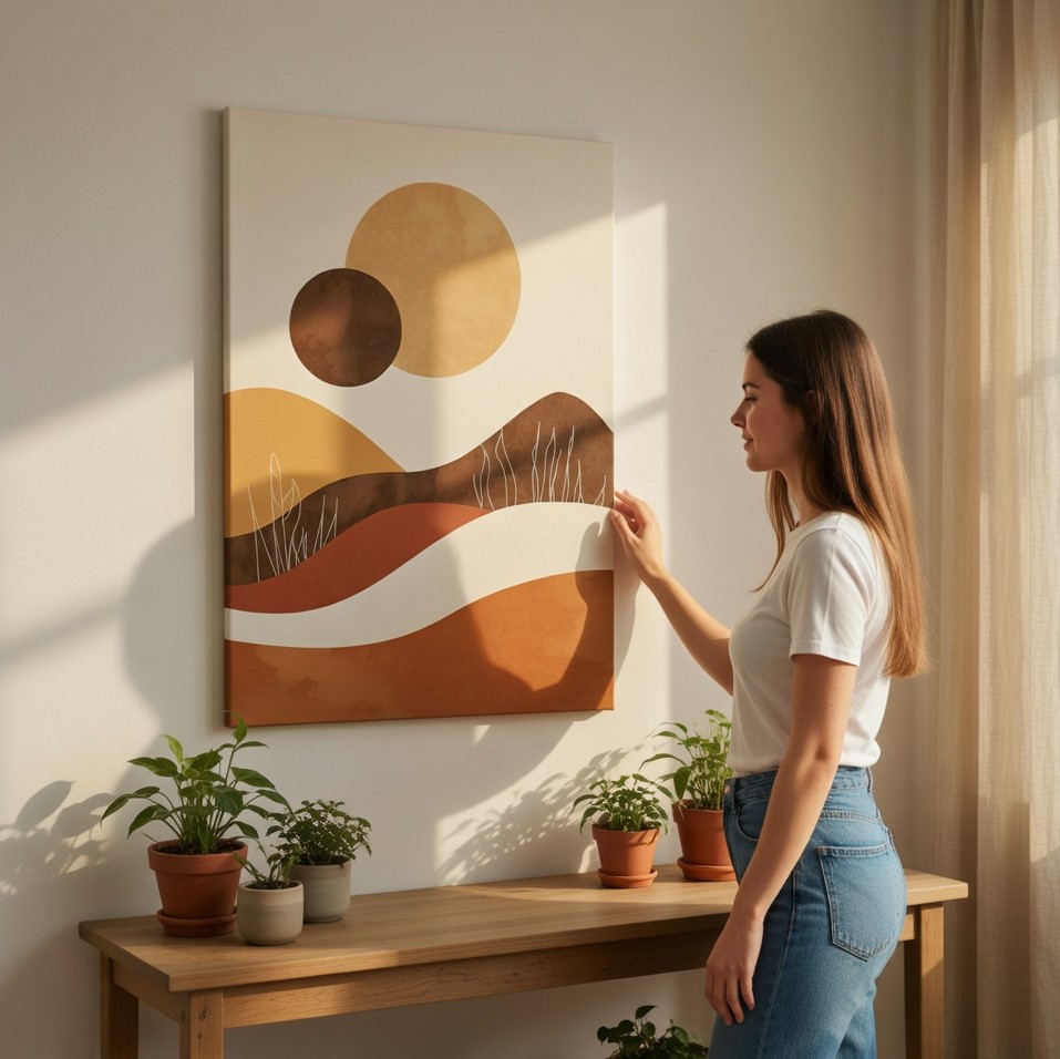 SAF Boho Minimalist Abstract Landscape Canvas Wall Art - Neutral Earth Tone Sun and Mountains Painting Print Modern Mid Century Decor for Living Room, Bedroom & Office - Image 2