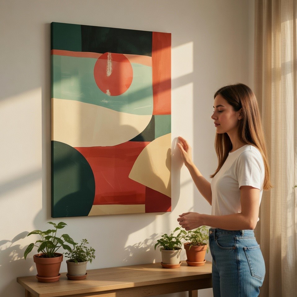 SAF Mid-Century Modern Abstract Canvas Wall Art - Bold Geometric Shapes & Red Sun Painting Print Contemporary Boho Wall Decor for Living Room, Bedroom & Home Office (Teal & Coral) - Image 2