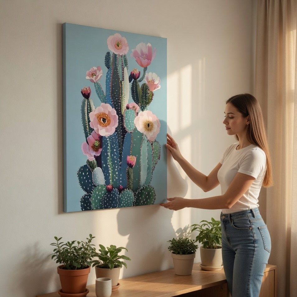 SAF Blooming Cactus Canvas Wall Art Pink Floral Desert Succulent Painting Print Modern Boho Botanical Decor for Living Room Bedroom Office Light Blue Aesthetic Poster - Image 2