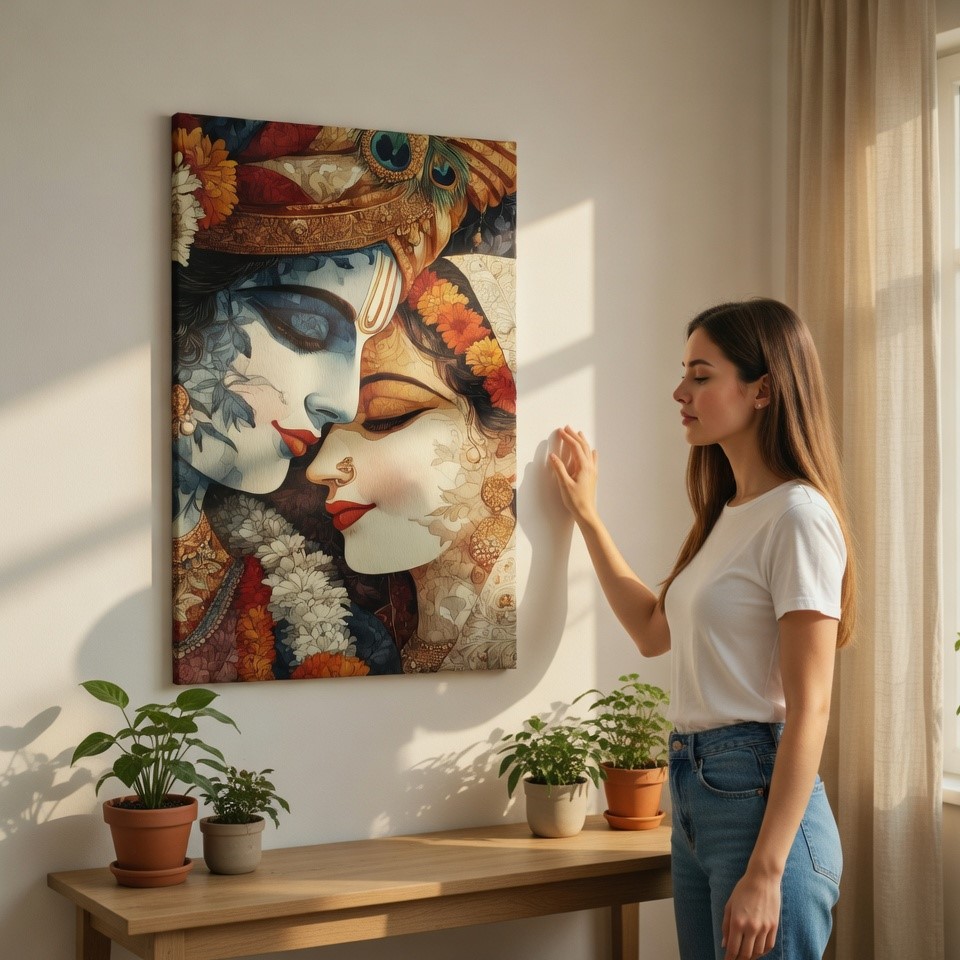 Divine Radha Krishna Floral Portrait Canvas Wall Art Print - Image 2