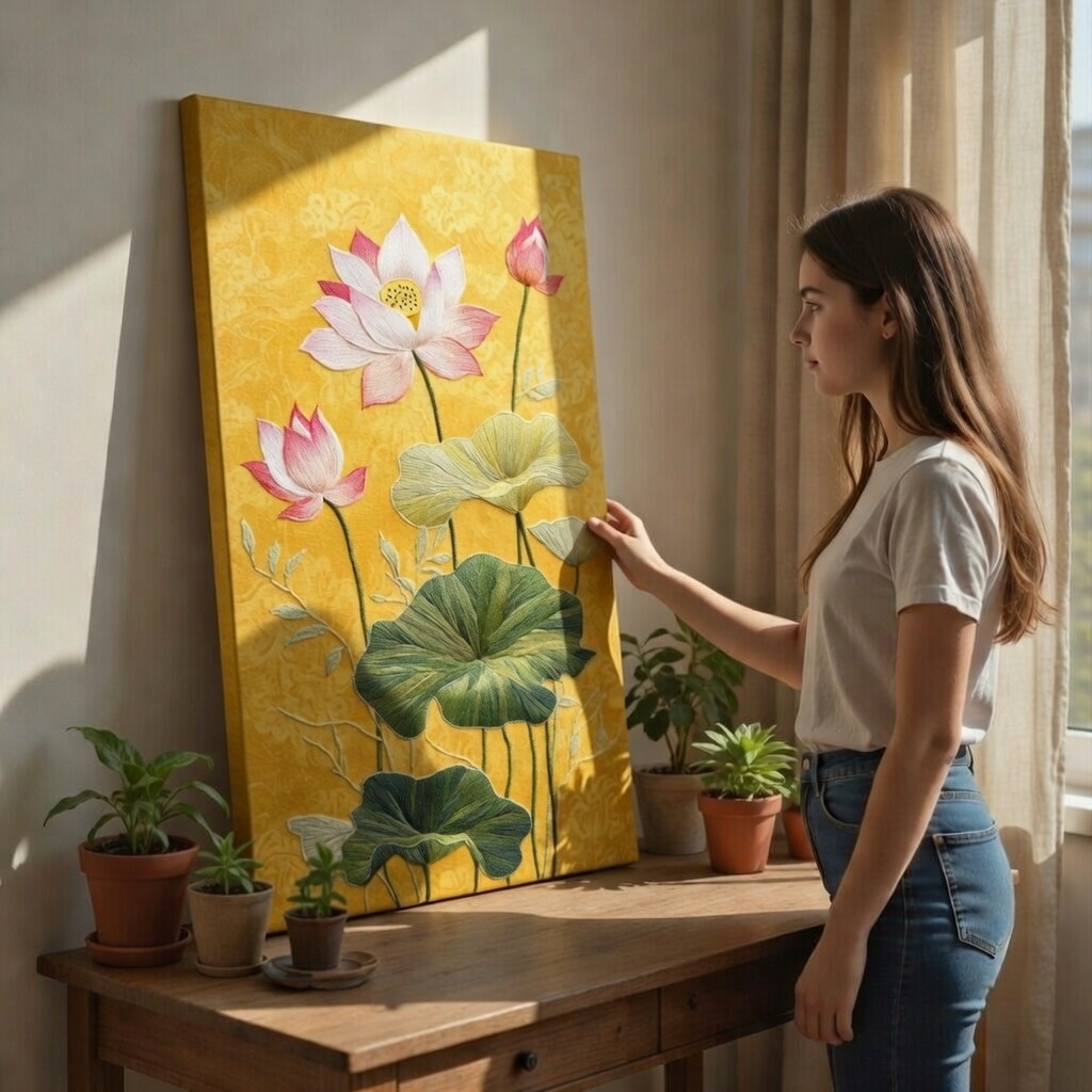 SAF Lotus Flower Canvas Painting for Home Decor | Modern Floral Wall Art with Green Leaves | HD Printed Nature Artwork for Living Room Bedroom Office Decoration - Image 2