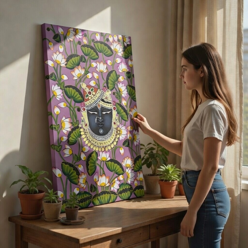 SAF Shrinathji Lotus Canvas Painting for Home Decor | Traditional Krishna Floral Wall Art with Purple Background | HD Printed Hindu God Spiritual Artwork for Living Room Temple - Image 2