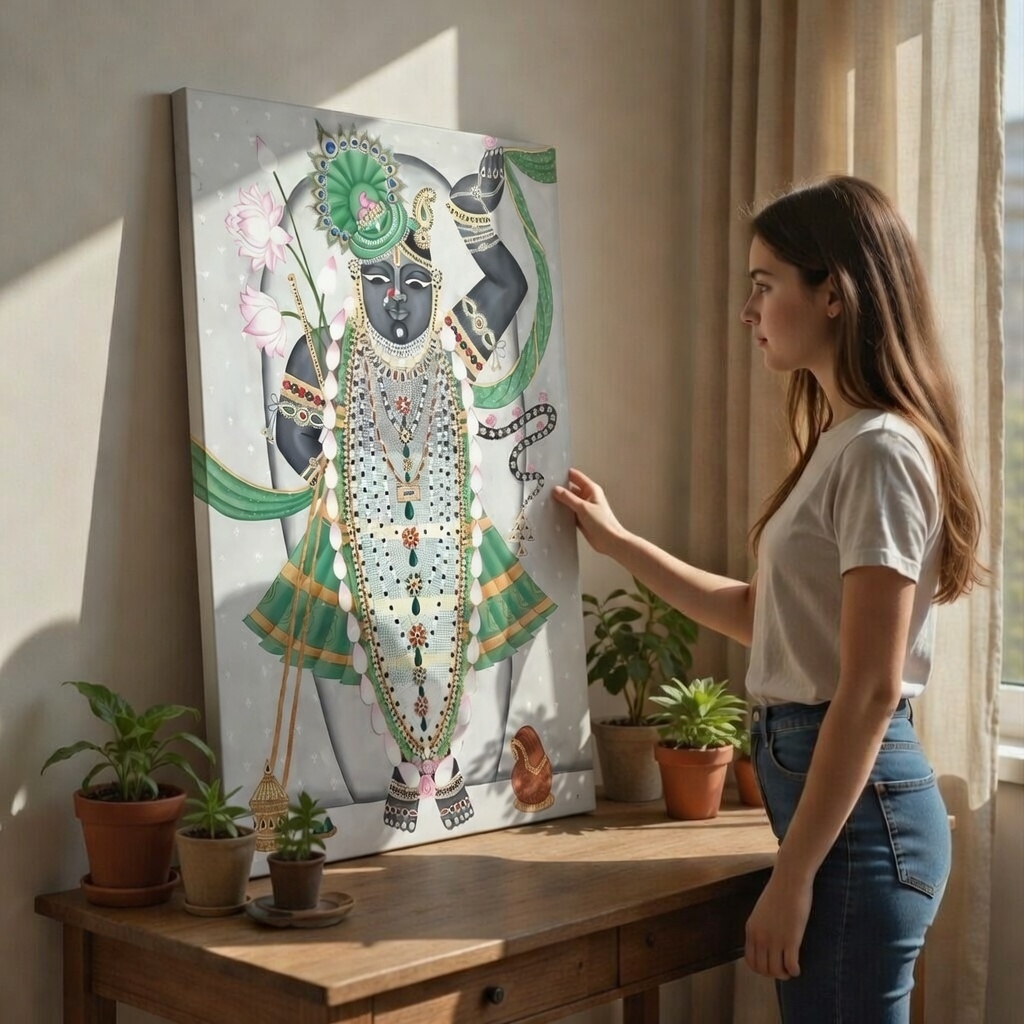 SAF Shrinathji Pichwai Canvas Painting for Home Decor | Traditional Krishna Wall Art with Green Accents | HD Printed Hindu God Spiritual Artwork for Living Room Temple - Image 2
