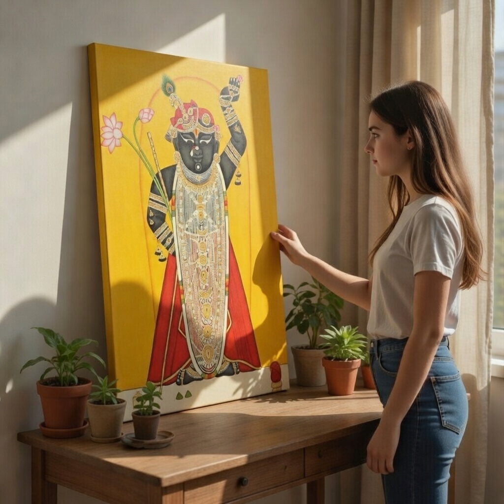 SAF Shrinathji Pichwai Canvas Painting for Home Decor | Traditional Krishna Wall Art with Yellow Background and Red Attire | HD Printed Hindu God Spiritual Artwork - Image 2