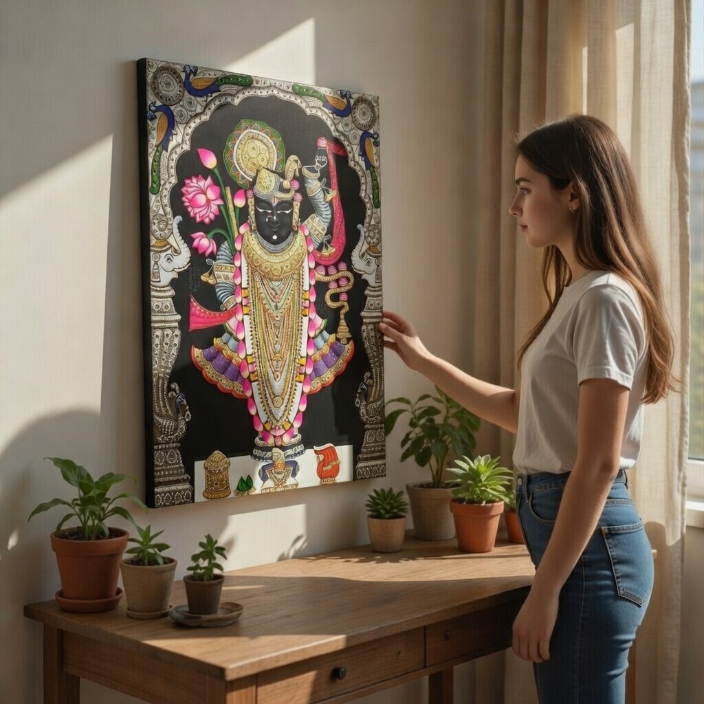 SAF Shrinathji Royal Pichwai Canvas Painting for Home Decor | Traditional Krishna Wall Art with Ornamental Arch | HD Printed Hindu God Spiritual Artwork for Living Room Temple - Image 2