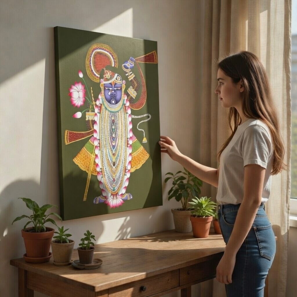 SAF Shrinathji Pichwai Canvas Painting for Home Decor | Traditional Krishna Wall Art with Olive Green Background | HD Printed Hindu God Spiritual Artwork for Living Room Temple - Image 2