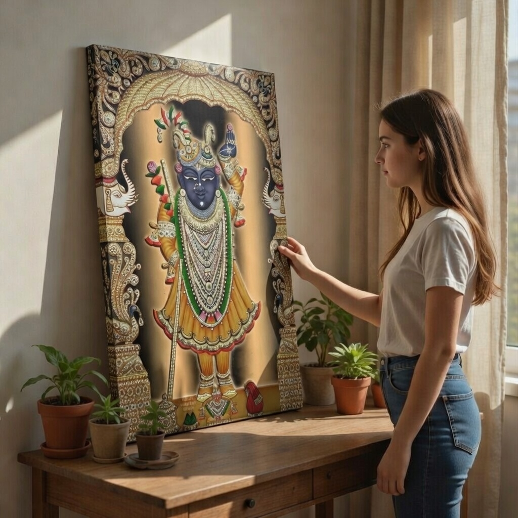 SAF Shrinathji Royal Pichwai Canvas Painting for Home Decor | Traditional Krishna Wall Art with Golden Arch Design | HD Printed Hindu God Spiritual Artwork for Living Room Temple - Image 2