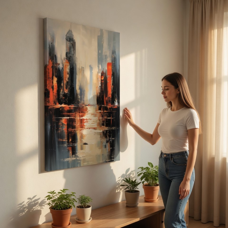 SAF Abstract City Skyline Canvas Wall Art Modern Urban Landscape Oil Painting Print Vibrant Orange & Grey Skyscraper Reflection Decor for Living Room Bedroom Office - Image 2