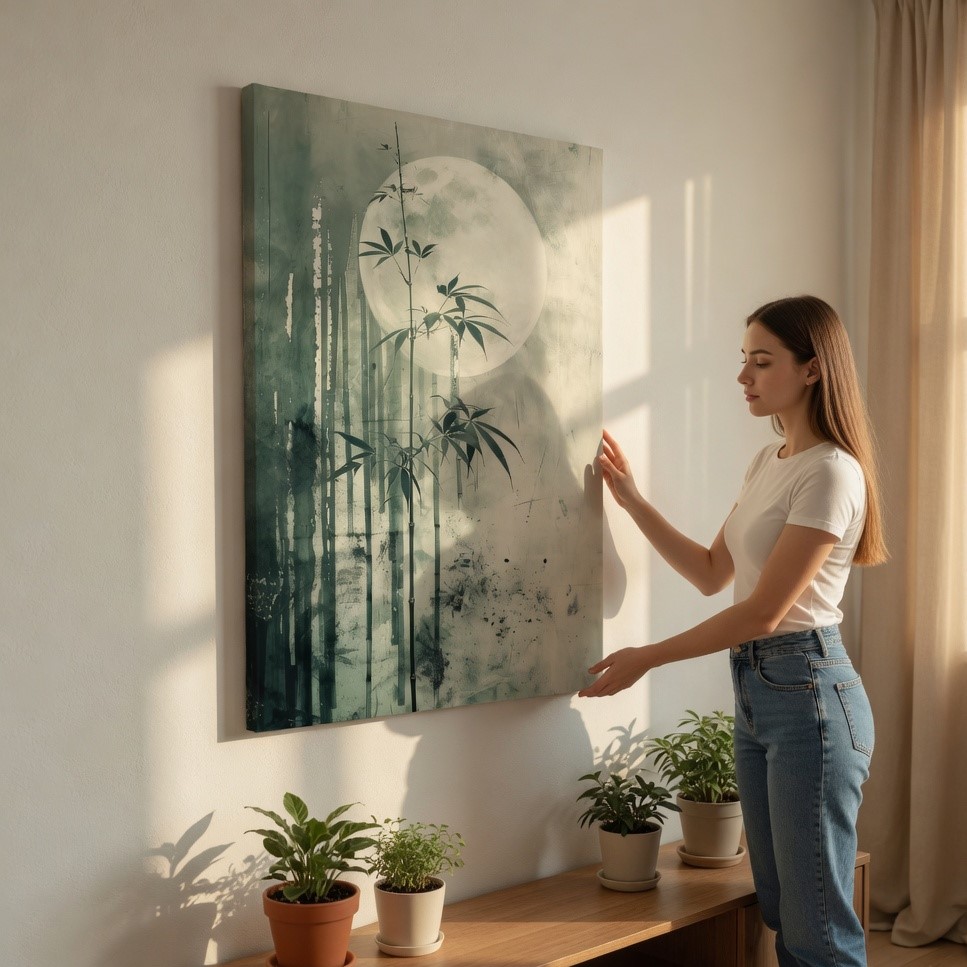 SAF Zen Bamboo Moonlight Canvas Wall Art - Japanese Style Watercolor Painting Print Serene Greenery & Full Moon Forest Decor for Living Room, Bedroom & Meditation Office - Image 2
