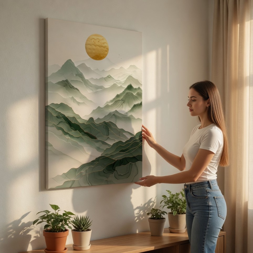 SAF Abstract Green Mountain Canvas Wall Art Modern Gold Sun Landscape Fluid Painting Print Serene Nature Decor for Living Room Bedroom Office Minimalist Aesthetic Poster - Image 2