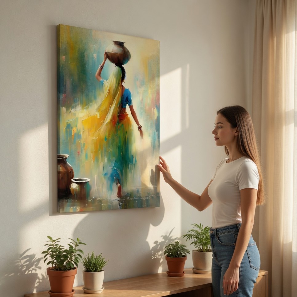 SAF Abstract Indian Woman with Pot Canvas Wall Art Traditional Rural Village Painting Print Textured Ethnic Decor for Living Room Bedroom Office Vibrant Yellow Blue - Image 2