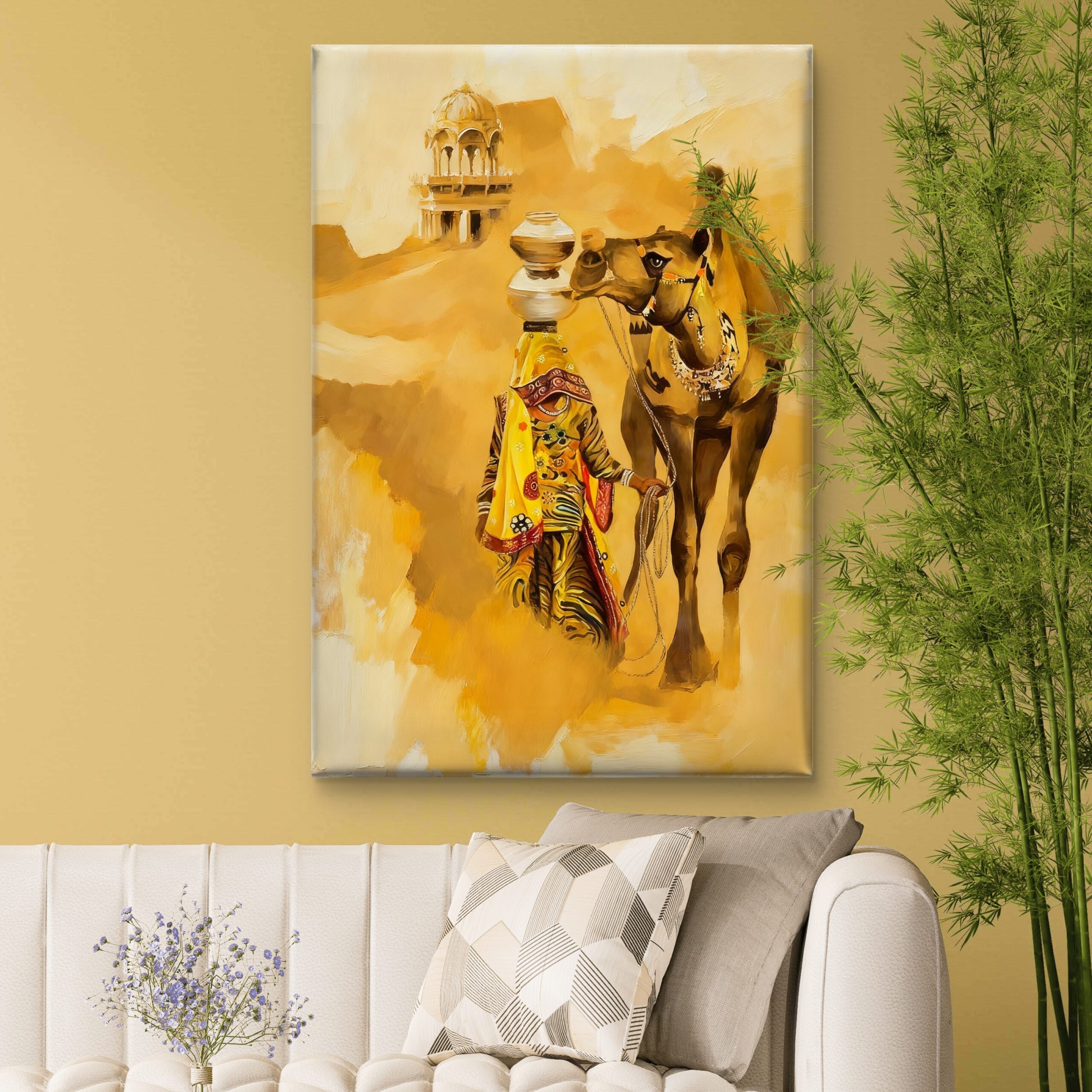 SAF Traditional Rajasthani Desert Canvas Wall Art Indian Woman with Camel Oil Painting Print Ethnic Heritage Decor for Living Room Bedroom Office Warm Yellow Aesthetic - Image 2