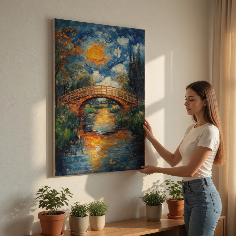 SAF Impressionist Bridge and River Canvas Wall Art Swirling Sky Landscape Oil Painting Print Textured Nature Decor for Living Room Bedroom Office Vintage Scenery Poster - Image 2