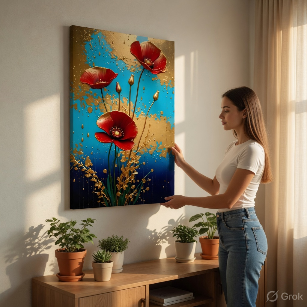 SAF Elegant Red Poppy Canvas Wall Art 3D Gold Floral Abstract Painting Print Luxury Teal Blue Botanical Decor for Living Room Bedroom Office Modern Poster - Image 2