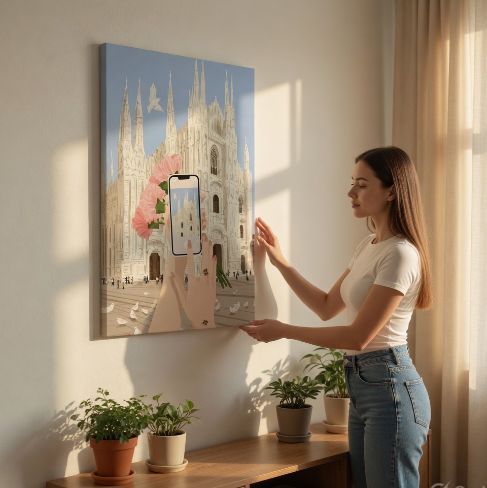SAF Modern Milan Cathedral Travel Canvas Wall Art Chic Italy Cityscape Illustration Print Trendy Pink Floral Photography Decor for Living Room Bedroom Dorm Aesthetic Poster - Image 2