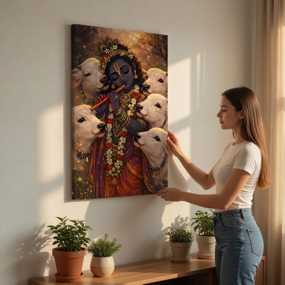 SAF Divine Lord Krishna Playing Flute with Cows Canvas Wall Art Spiritual Hindu Deity Painting Print for Puja Room Living Room Bedroom Religious Home Decor - Image 2