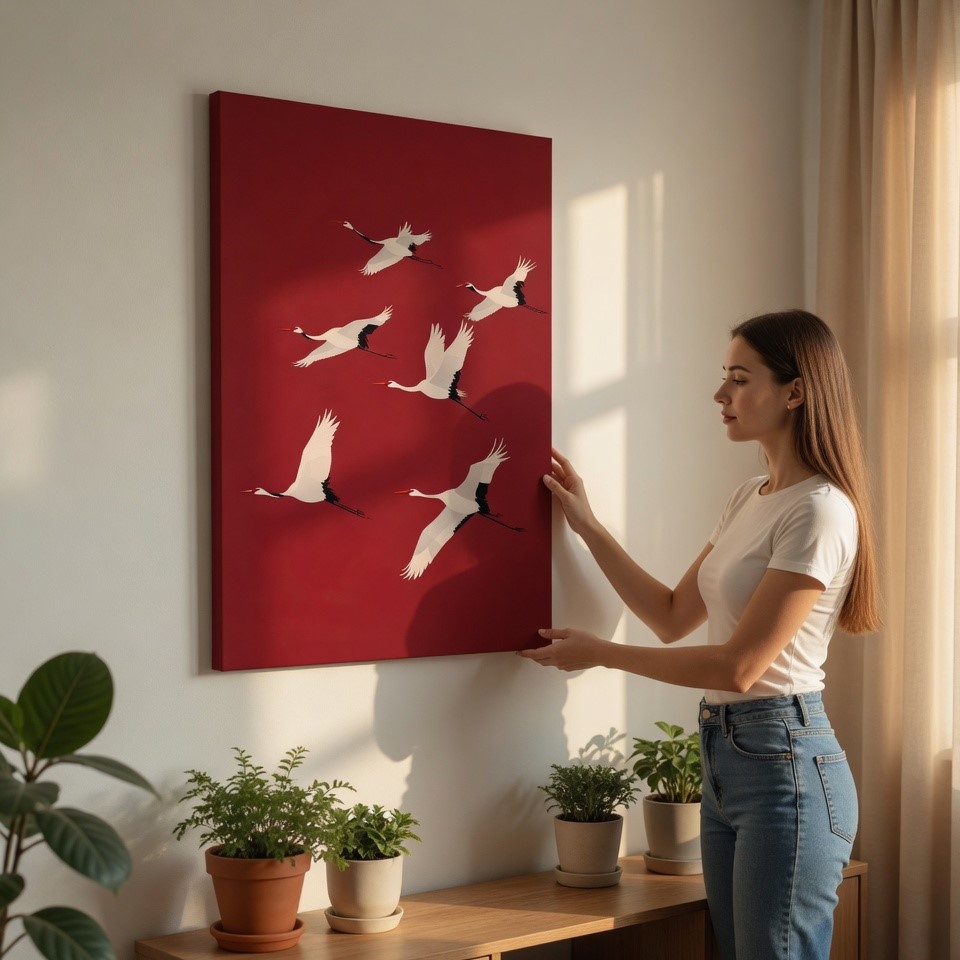 Japanese Flying Cranes Deep Red Minimalist Canvas Wall Art Print - Image 2