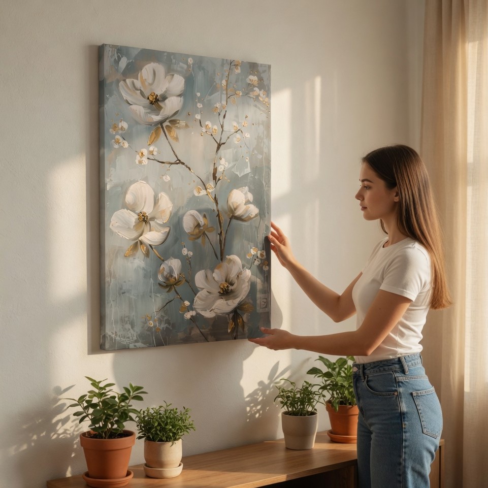 SAF Elegant White Magnolia Floral Canvas Wall Art 3D Textured Abstract Oil Painting Print Blue Grey Gold Decor for Living Room Bedroom Office Botanical Poster - Image 2