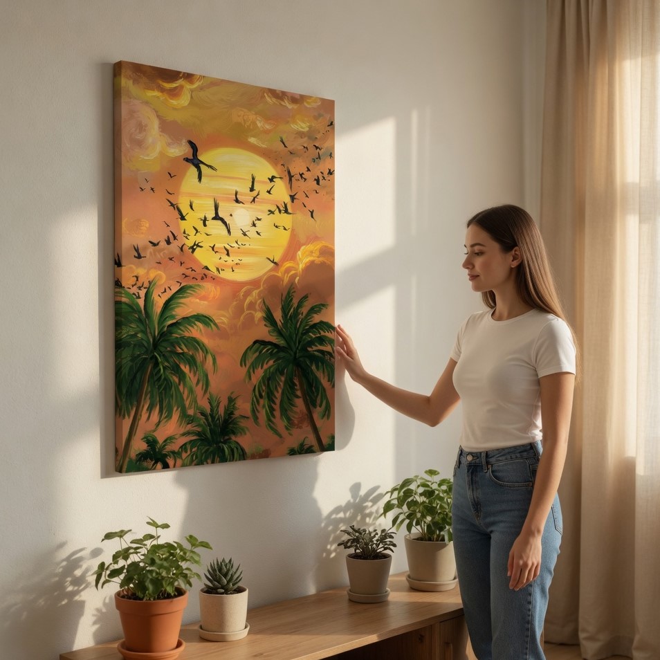 SAF Tropical Sunset Canvas Wall Art Palm Tree Landscape Painting Print Flying Birds Orange Sun Coastal Beach Decor for Living Room Bedroom Office Nature Poster - Image 2