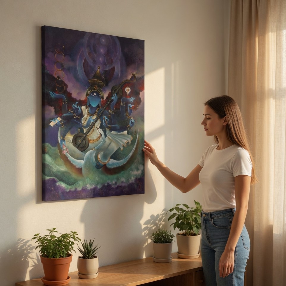 SAF Abstract Cosmic Goddess Saraswati Canvas Wall Art Spiritual Hindu Deity Playing Veena Painting Print Modern Zen Puja Room Decor for Living Room Bedroom Office - Image 2