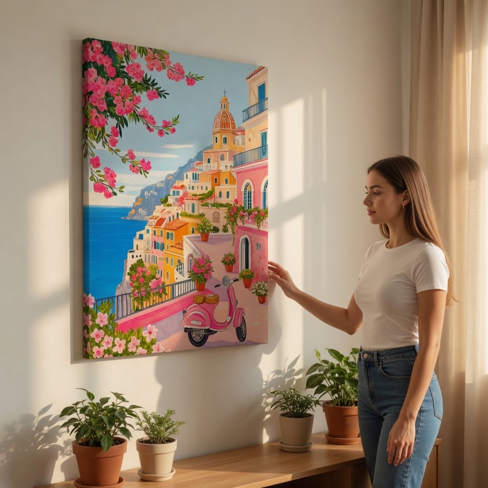 SAF Amalfi Coast Italy Canvas Wall Art Colorful Mediterranean Coastal Village Painting Print Pink Scooter Ocean View Travel Landscape Poster for Living Room Bedroom Decor - Image 2