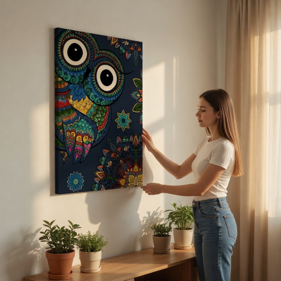 SAF Colorful Mandala Owl Canvas Wall Art Boho Abstract Animal Painting Print Intricate Floral Zentangle Decor for Kids Room Bedroom Living Area Vibrant Navy Blue Poster - Image 2