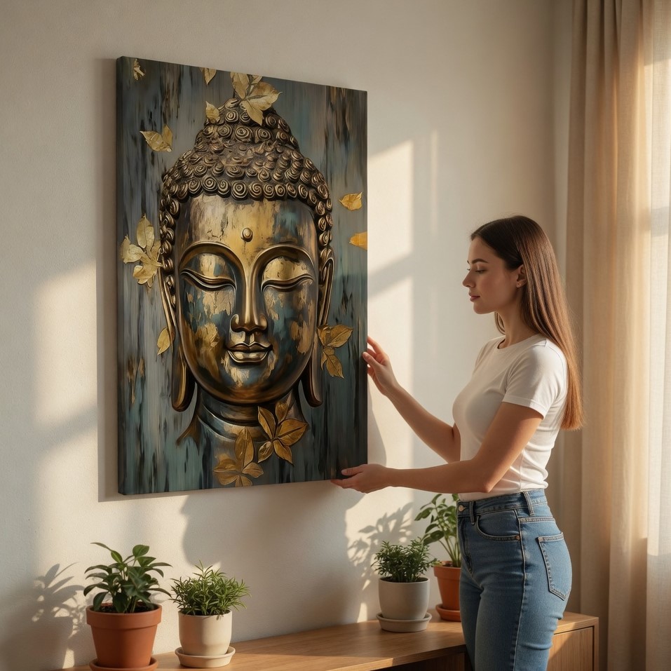 SAF Golden Lord Buddha Head Canvas Wall Art 3D Textured Abstract Painting Print Zen Spiritual Decor with Gold Leaves for Living Room Meditation Office Bedroom - Image 2