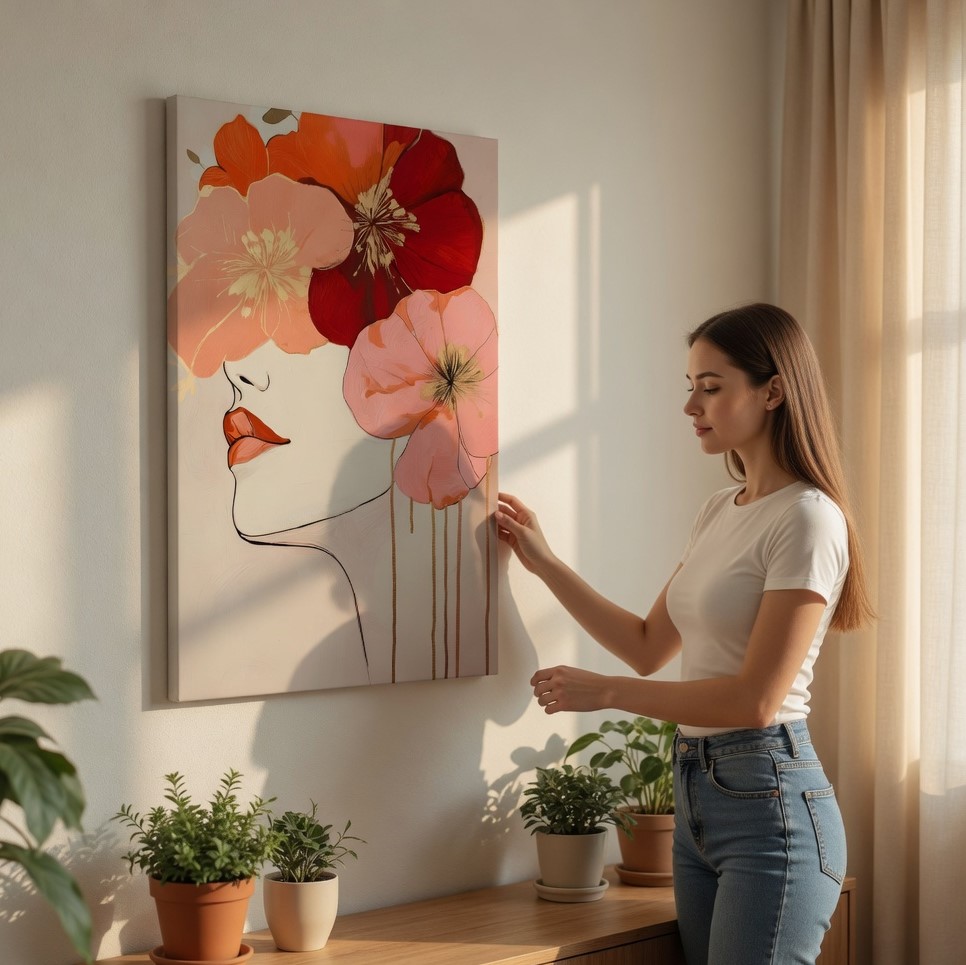 SAF Abstract Floral Woman Face Canvas Wall Art Boho Minimalist Line Art Portrait Painting Print Pink Red Flowers Modern Feminine Decor for Bedroom Living Room Dorm - Image 2
