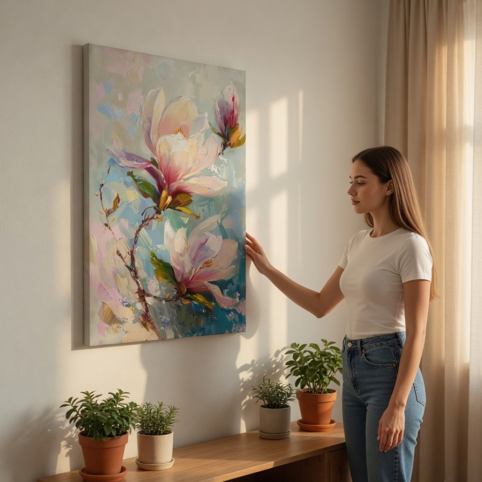 SAF Elegant Magnolia Flower Canvas Wall Art 3D Textured Abstract Floral Oil Painting Print Soft Pink Botanical Decor for Living Room Bedroom Large Modern Nature Scenery Poster - Image 2