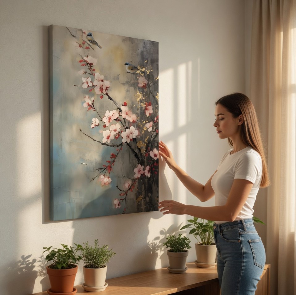 SAF Japanese Cherry Blossom Canvas Wall Art Pink Sakura Flowers with Birds 3D Textured Oil Painting Print Grey and Gold Asian Decor for Living Room Bedroom Modern Nature Poster - Image 2