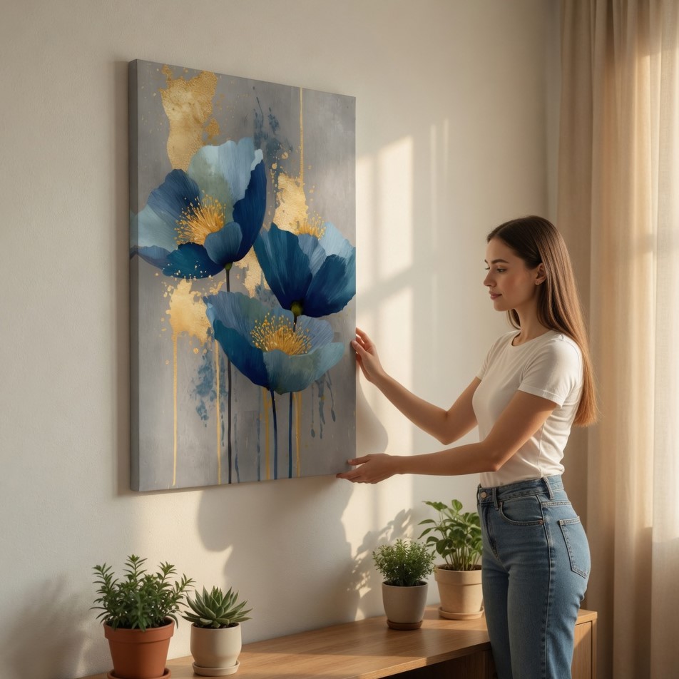 SAF Abstract Blue Poppy Canvas Wall Art Modern Floral Oil Painting Print Grey and Gold Textured Decor for Living Room Bedroom Large Botanical Flower Scenery Poster for Home - Image 2