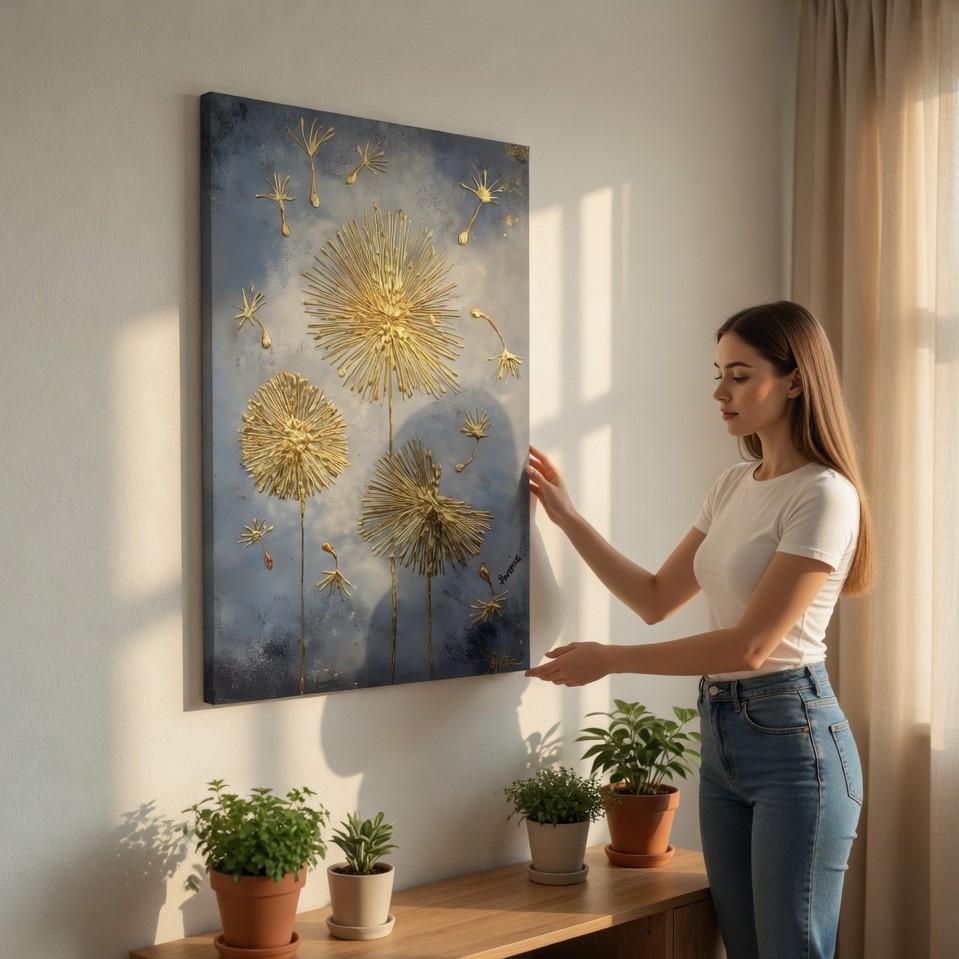 SAF Luxury 3D Gold Dandelion Canvas Wall Art Abstract Textured Floral Painting Print Blue and Silver Grey Decor for Living Room Bedroom Modern Botanical Flower Scenery Poster - Image 2